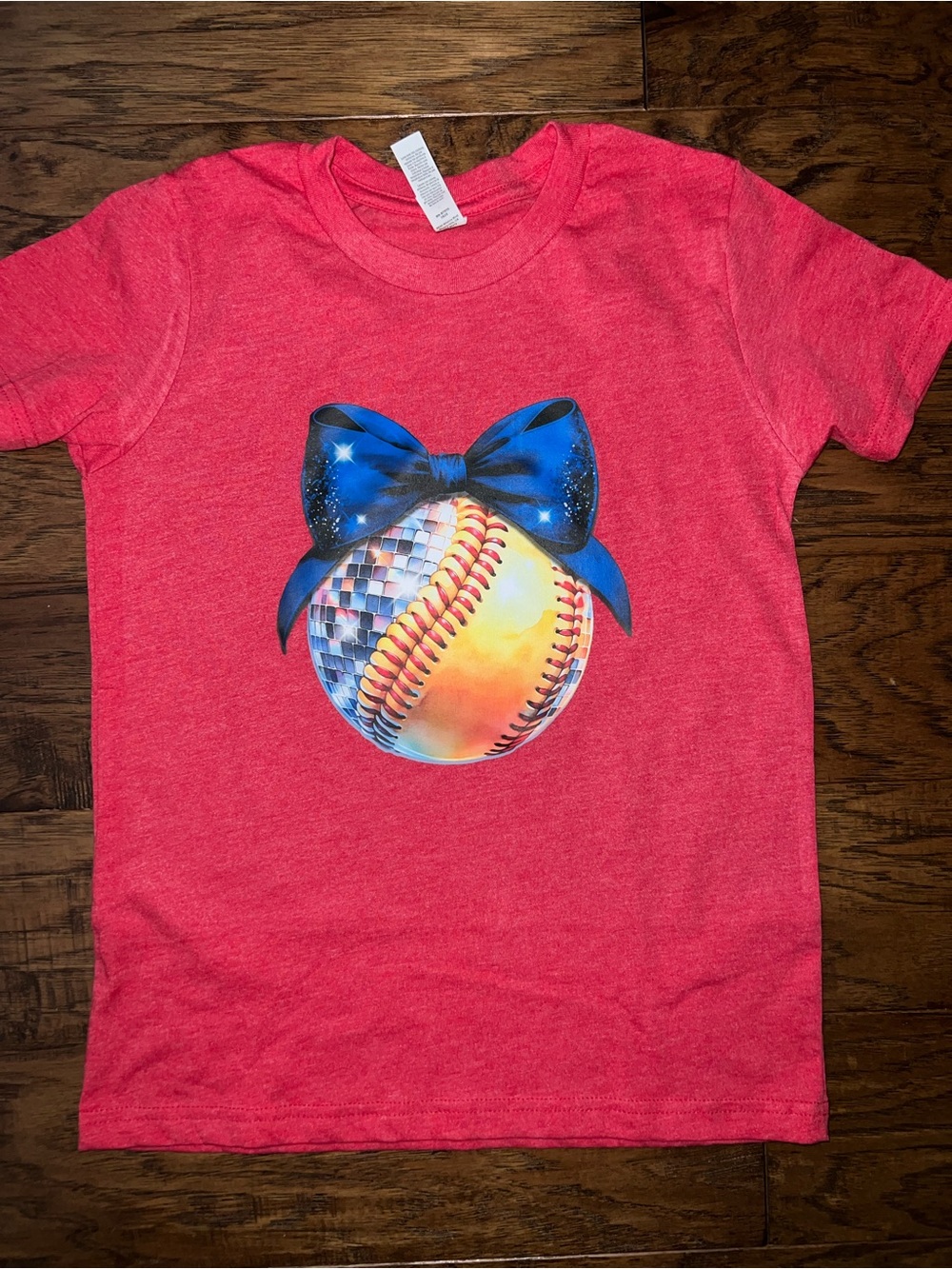 Bella Canvas Red Tee with Blue Bow and Softball Graphic